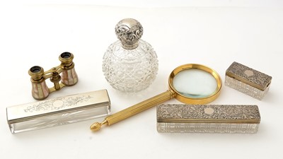 Lot 41 - Three Victorian glass toilet boxes; a toilet bottle; magnifying glass; and pair of opera glasses