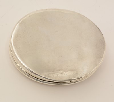 Lot 338 - A Queen Anne silver tobacco box, oval with plain moulded border