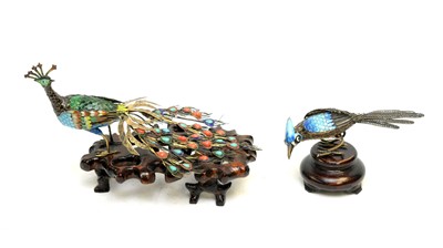 Lot 793 - Chinese silver an enamel peacock, another bird