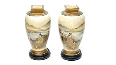 Lot 797 - Pair of satsuma vases and stands, boxed.