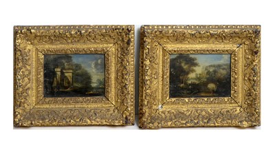 Lot 1168 - Follower of Claude Lorrain - A pair of landscape views with Classical follies | oil