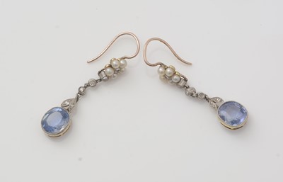 Lot 437 - A fine pair of Victorian sapphire, diamond and seed pearl drop earrings