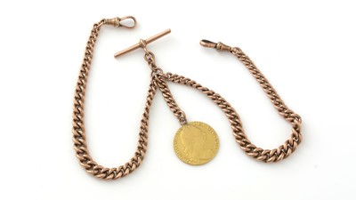 Lot 769 - A 9ct rose gold graduated albert chain, fitted with a George III gold guinea