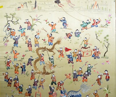 Lot 1027 - 20th Century Chinese - Figures enjoying a festival | embroidered silk