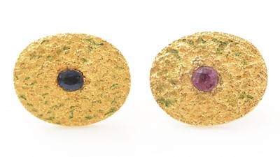 Lot 561 - A pair of sapphire and ruby and 18ct yellow gold earrings