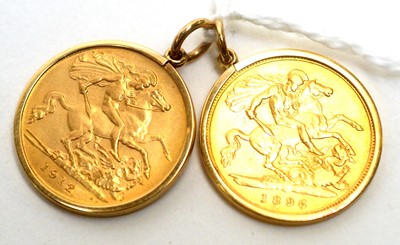 Lot 1241 - Two gold half sovereigns, 1912 and 1896, in pendant mounts