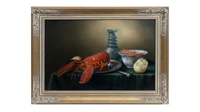 Lot 1130 - Brian Davies - Still Life with Lobster and Lemon | oil