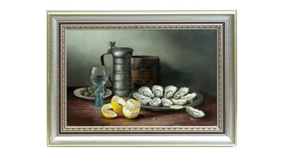 Lot 1131 - Brian Davies - Still Life with Raspberry Prunt Goblet, Oysters, and Olives | oil