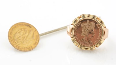 Lot 794 - Gold coin tie pin and a ring
