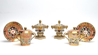 Lot 845 - Pair of Bloor Derby pot Pourri vases and covers; pair cups, covers and stands