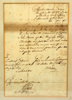 Lot 1058 - Nelson (Horatio): a signed manuscript order given to Lieutenant Giffard to take charge of HMS Leandor