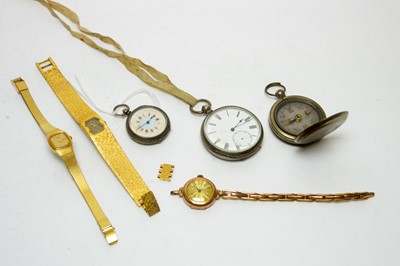 Lot 1167 - A silver cased pocket watch and fob watch; a 9ct gold cased cocktail watch; and other watches