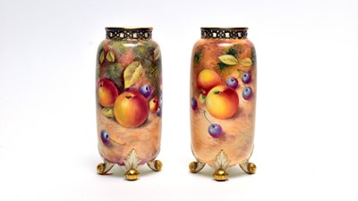 Lot 874 - Pair of Royal Worcester fruit painted vases