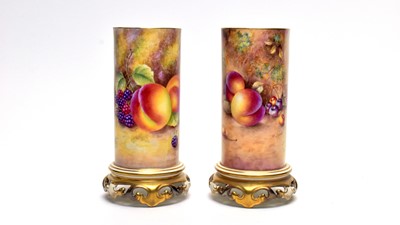 Lot 875 - Pair Royal Worcester fruit painted sleeve vases