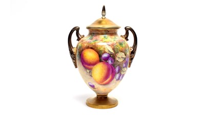 Lot 876 - Royal Worcester Fruit painted vase and cover by Leaman