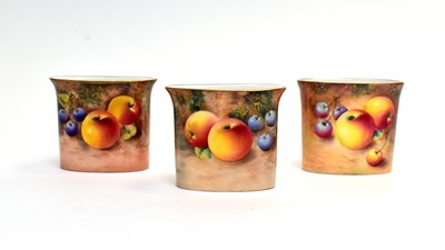 Lot 877 - Three Royal Worcester fruit painted spill vases by Roberts