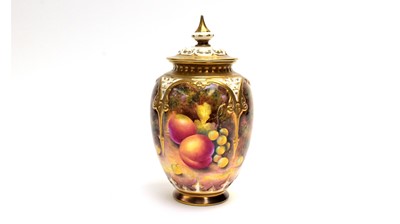 Lot 859 - Royal Worcester fruit painted vase and cover by Leaman