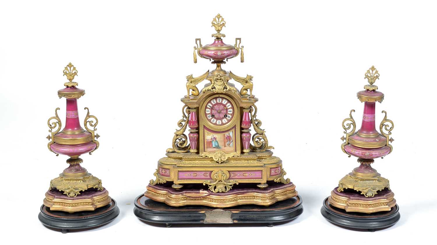 1256 - Japy Freres, A late 19th Century French gilt metal & pink garniture  mantel clock