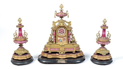 Lot 1256 - Japy Freres, A late 19th Century French gilt metal & pink garniture  mantel clock