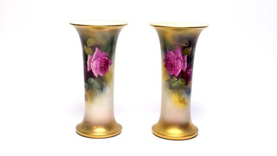 Lot 871 - Pair of Royal Worcester rose painted vases by M Hunt