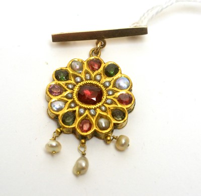 Lot 1012 - Mowgli Indian high-carat yellow metal, half pearl, and gemstone pendant brooch