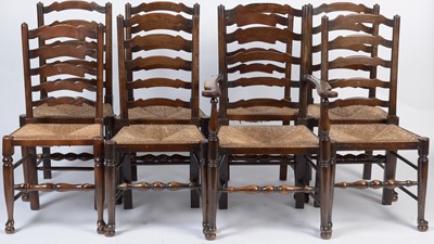 Lot 1357 - A harlequin set of eight 19th Century oak North Country ladderback dining chairs