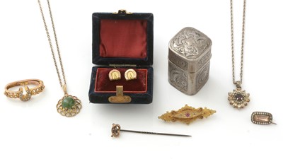 Lot 1032 - A ruby and diamond 9ct yellow gold brooch, and a selection of jewellery and a silver box