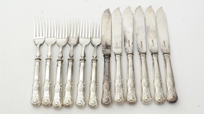 Lot 1053 - A set of six silver fish knives and forks, by James Deacon & Sons