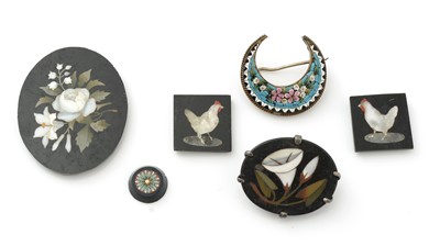 Lot 1084 - Five pietra dura panels, together with a micro mosaic crescent brooch