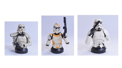 Lot 295 - Gentle Giant Ltd. Star Wars Stormtrooper, Clone Trooper, and Sandtrooper Busts.