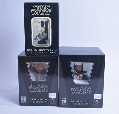 Lot 309 - Gentle Giant Ltd. Star Wars Jango Fett, Grand Moff Tarkin, and Plo Koon Busts.