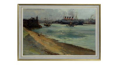 Lot 1144 - John William Gilroy - The Mauretania Leaving the Tyne | oil