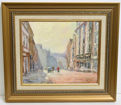Lot 643 - Walter Holmes - A view down Dean Street, Newcastle-Upon-Tyne | oil
