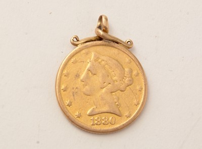 Lot 152 - A United States 19th Century gold dollar, 1880, with soldered pendant mount