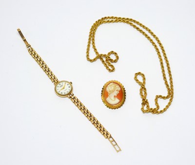 Lot 91 - A 9ct gold necklace; Rotary gold wristwatch; and a cameo brooch