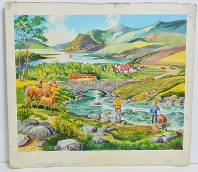 Lot 630 - 20th Century British - Illustration for jigsaw puzzles; Ashness Bridge and Pony Riding | gouache