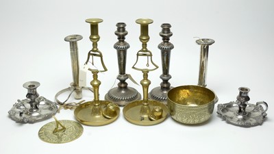 Lot 230 - A collection of brass and silver plated candlesticks; and other collectible metalwares