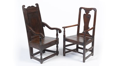 Lot 1428 - An oak Wainscot chair, probably 17th Century; and 18th Century oak elbow chair