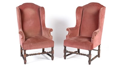 Lot 1432 - A pair 17th Century style of wingback armchairs