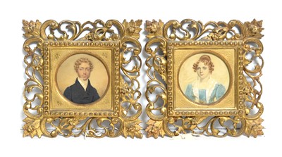 Lot 1036 - 19th Century British School - Portrait miniatures depicting a young husband and wife | watercolour