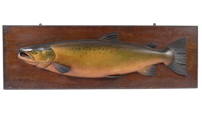 Lot 1324 - A large carved and painted half-block trophy model of a salmon