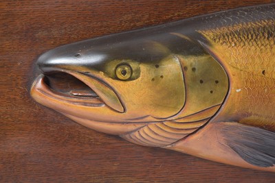 Lot 1324 - A large carved and painted half-block trophy model of a salmon