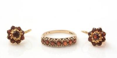 Lot 149 - A pair of 18ct yellow gold and garnet set cluster earrings; and a garnet ring