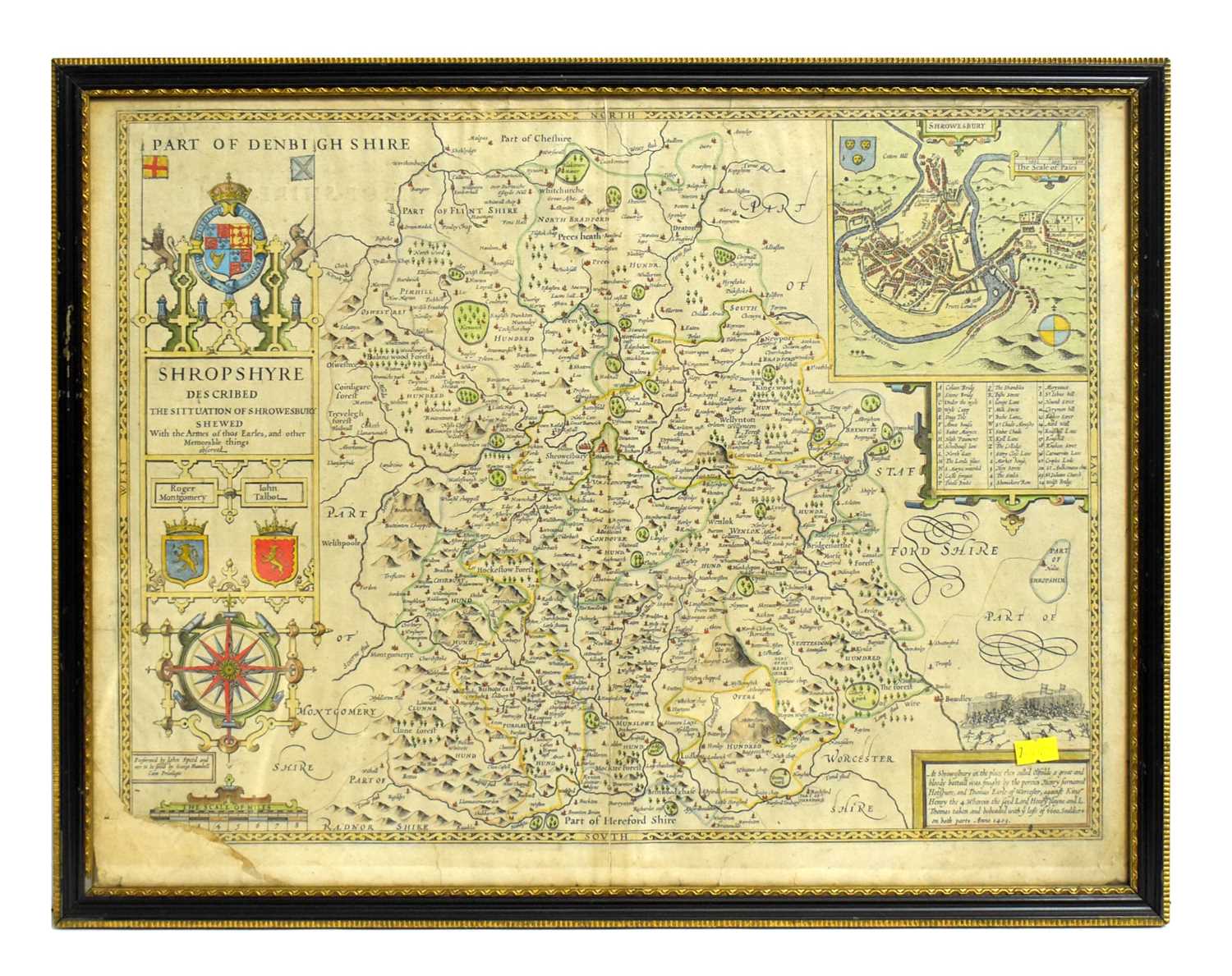 Lot 706 - John Speede - Shropshyre Described; a Map of Shropshire | hand-coloured engraving