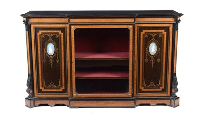 Lot 1449 - A Victorian ebonised, inlaid and burr walnut breakfront credenza set with jasperware panels