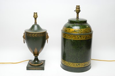 Lot 722 - Two green tole ware style table lamps