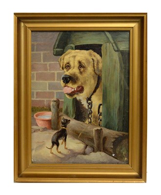 Lot 797 - 19th Century British School - Naive study of a miniature pinscher and guard dog | oil