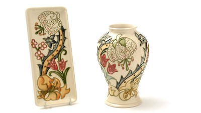 Lot 129 - Moorcroft thistle and orchid vase and tray boxed