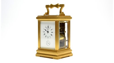 Lot 1264 - A Fine Brass Grande Sonnerie Repeating Alarm Carriage Clock, retailed by Fernando Gantez, Madrid