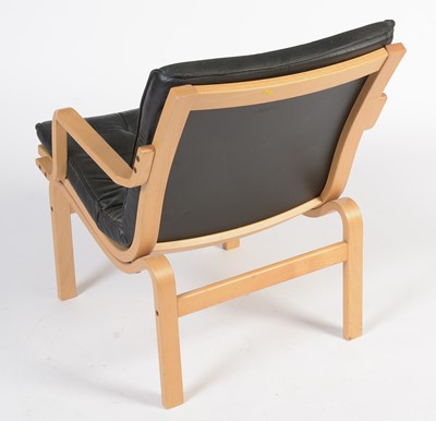 Lot 15 - Nielaus Mobler of Denmark: a pair of mid-Century teak and black leather button back lounge chairs